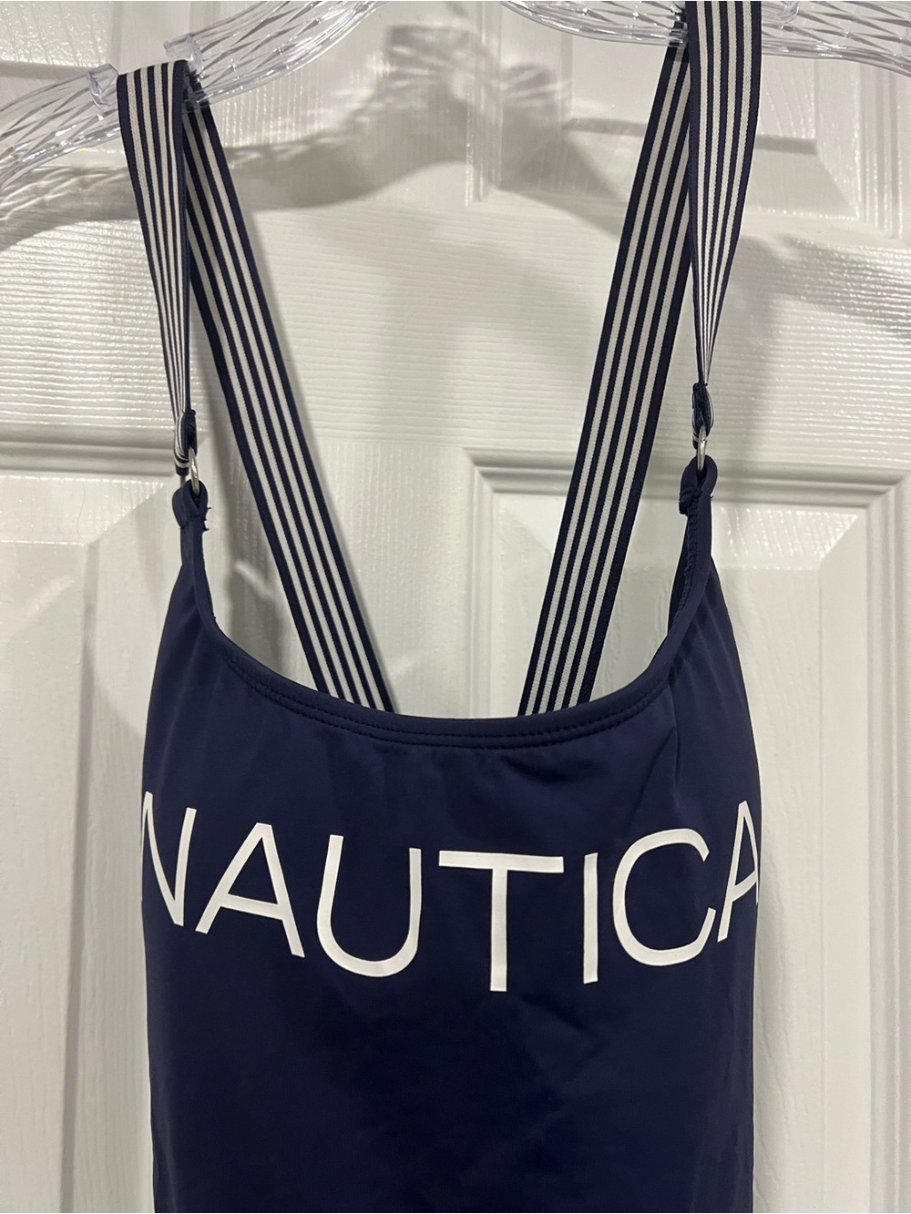 Nautica Navy One-Piece Swimsuit with White Logo and Striped Shoulder Straps - Picture 3 of 7